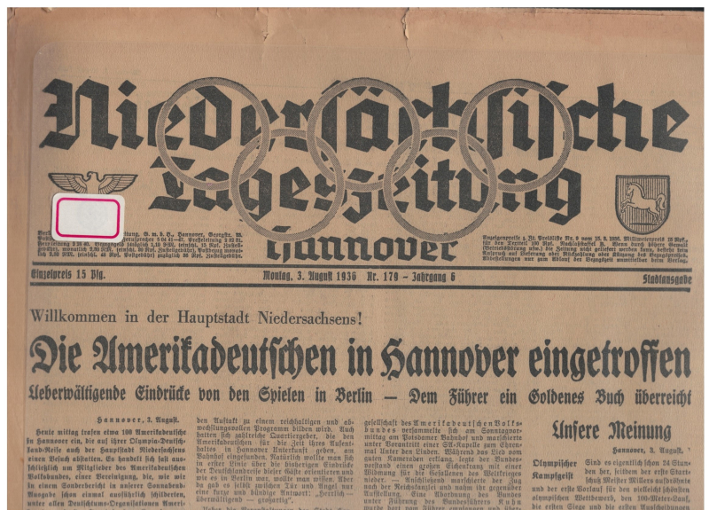 3. und 14. August, Olympia 1936  (1 St.) Niedersächsische Tageszeitung Stadtausgabe1936